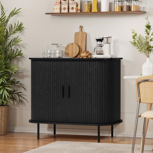 LuxenHome Black 29.5 in. Mid-Century Modern 2-Door Accent Storage Cabinet with Slatted Sliding Doors