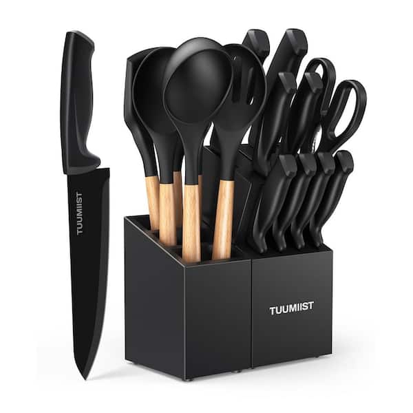 Numhew 18-Piece High Carbon Stainless Steel Kitchen Knife Set with Block and Sharpener, Black