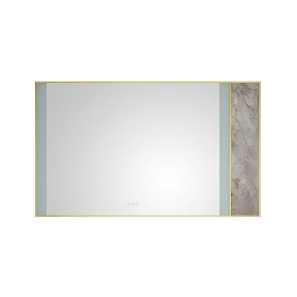 ANGELES HOME 60 in. W x 36 in. H Large Rectangular Stainless Steel Framed Stone Dimmable Wall Bathroom Vanity Mirror in Gold Frame