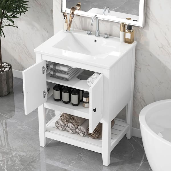 24 in. W x 18.1 in. D x 33 in. H Single Sink Freestanding White Bath Vanity with White Ceramic Top