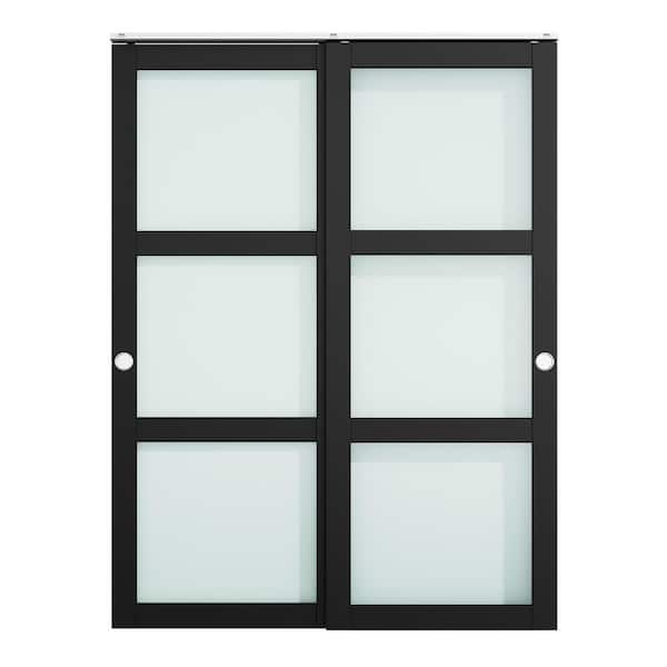 CALHOME 60 in. x 80 in. 3-Lite Frosted Tempered Glass Sliding