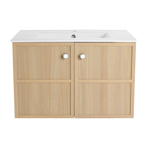 30 in. Single-Sink Floating Oak Bath Vanity with White Ceramic Top Unassembled and 2-Soft Closing Door