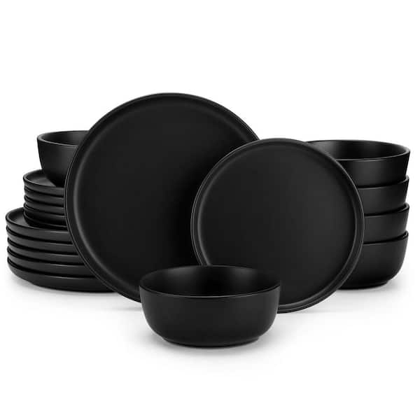 18-Piece Matte Black Stoneware Dinnerware Set Service for 6 Tableware Dinner Plates Dessert Plates Cereal Bowls