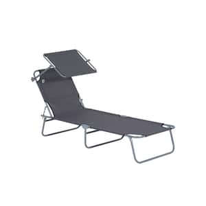 Outdoor Steel Folding Chaise Lounge with 4-Level Reclining Back and Canopy Shade in Gray