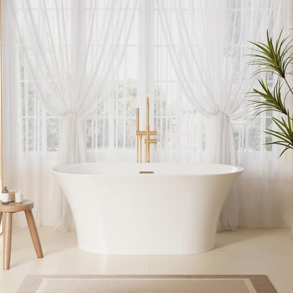 ANGELES HOME 59 in. x 31.5 in. Acrylic Freestanding Soaking Bathtub with Center Drain and Overflow in White
