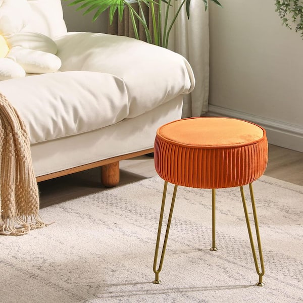 Orange Velvet 18.11 in. Tall Makeup Vanity Stool, Round Footrest Ottoman, Pouf Couch Stool, Golden Steel Legs