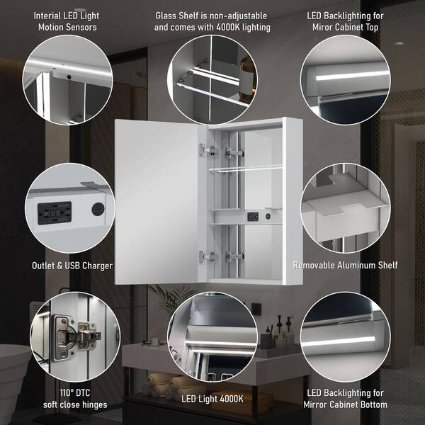 WELLFOR Chic 20 in. W x 30 in. H Rectangular Aluminum Medicine Cabinet with Mirror, LED Lights, Anti-Fog, Left Soft Close Door