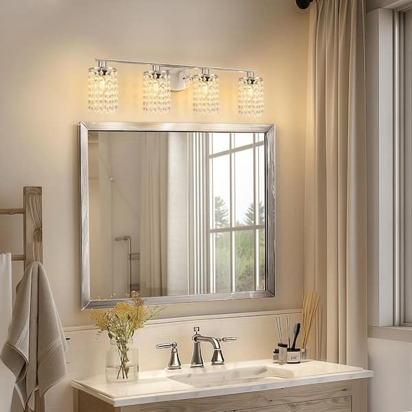 32 in. 4-Lights Chrome Crystal Bathroom Vanity Light, Bahtroom Lights Over Mirror, Wall Sconce for Bathroom Kitchen