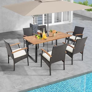 7 Piece Wicker Outdoor Dining Set Acacia Wood Table 6 Wicker Chairs with Umbrella Hole and Off White Cushions