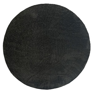 Chenille Braid Collection Black 96" Round 100% Polyester Reversible Solid Area Rug