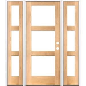 60 in. x 80 in. Modern Hemlock Left-Hand/Inswing 3-Lite Clear Glass Clear Stain Wood Prehung Front Door with Sidelites