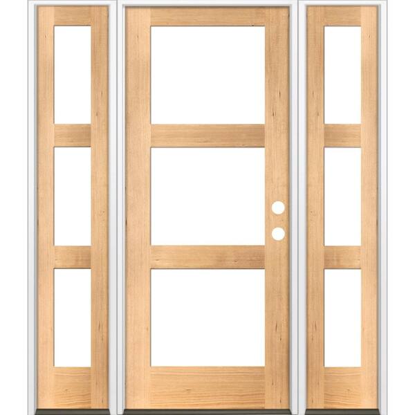 Krosswood Doors 60 in. x 80 in. Modern Hemlock Left-Hand/Inswing 3-Lite Clear Glass Clear Stain Wood Prehung Front Door with Sidelites