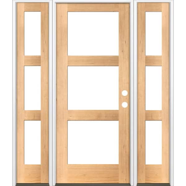 Krosswood Doors 64 in. x 80 in. Modern Hemlock Left-Hand/Inswing 3-Lite Clear Glass Clear Stain Wood Prehung Front Door with Sidelites