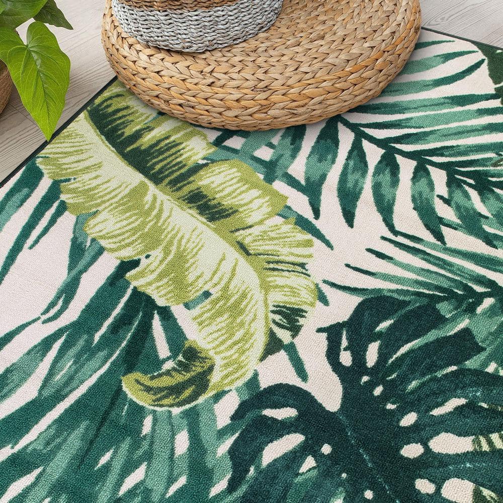 Green and Yellow Tropical Floral Non-Slip Synthetic Runner Rug