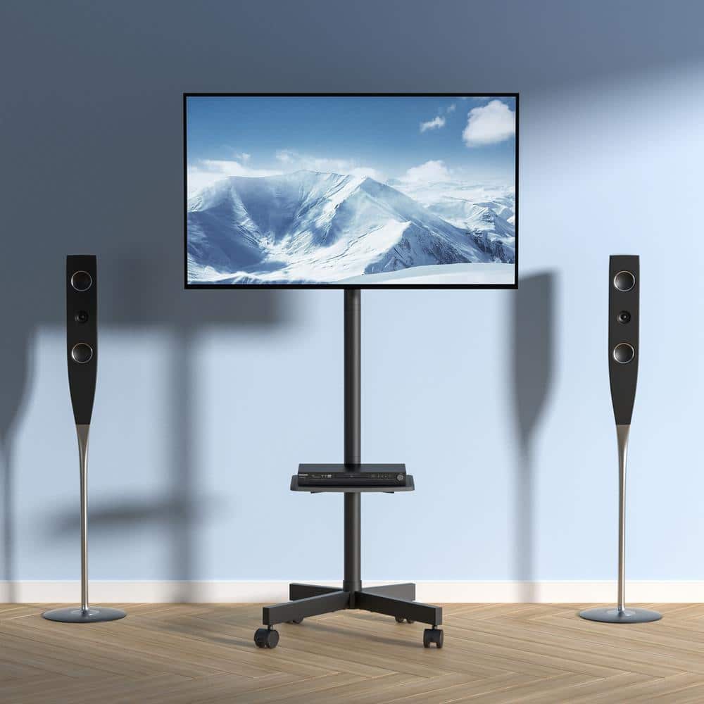 Black Adjustable Mobile TV Stand with Wheels and Tray
