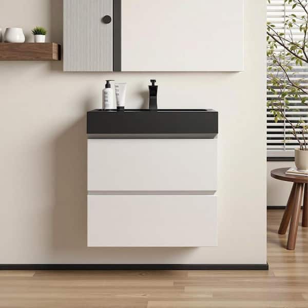 24 in. Wall Mount Modern Single Sink White Bath Vanity with One-Piece Black Solid Surface Top Sink Pre-assembled