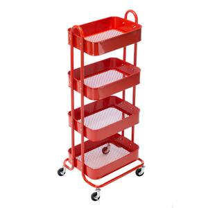 4-Tier Metal Utility Cart, Kitchen Cartwheels Storage Shelves Organizer Trolley Cart for Home Kitchen Bathroom, Red