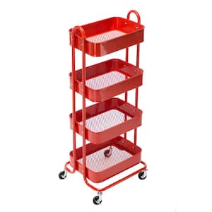 4-Tier Metal Utility Cart, Kitchen Cartwheels Storage Shelves Organizer Trolley Cart for Home Kitchen Bathroom, Red