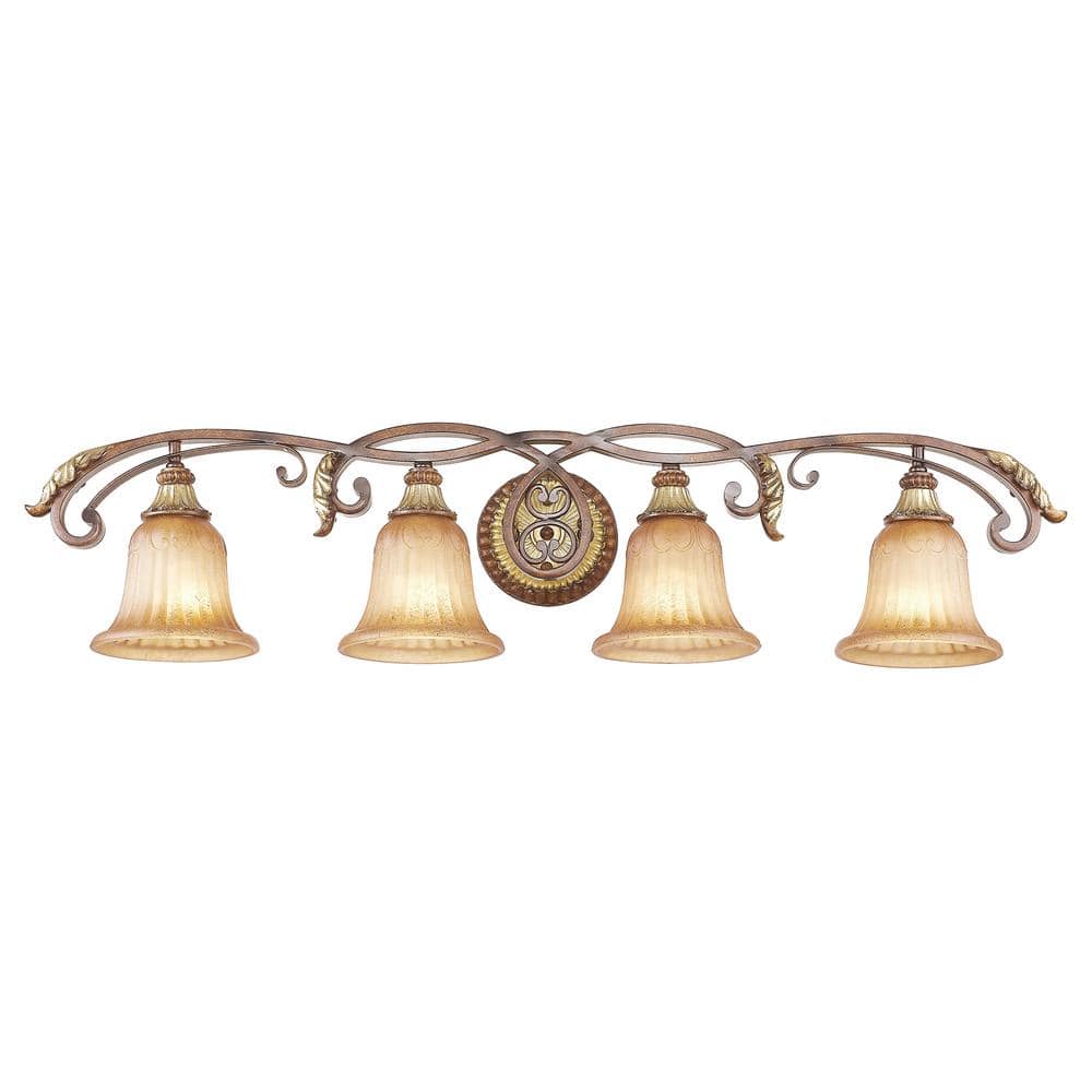 Verona Bronze & Aged Gold Leaf 4-Light Vanity with Rustic Art Glass