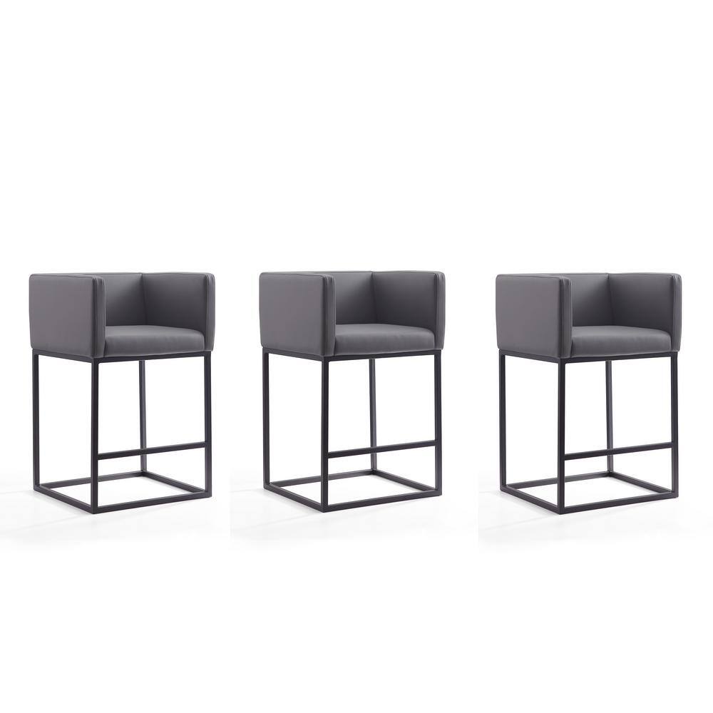 Set of 3 Gray Faux Leather and Metal Counter Stools