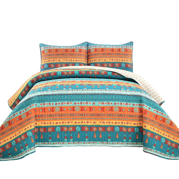 Unbranded 3-Piece Boho Turquoise/Multi Watercolor Border King Polyester Quilt Set