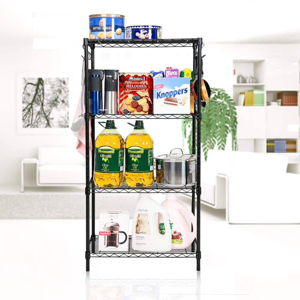 Black Carbon Steel 4-Tier Utility Shelving Unit with Hooks