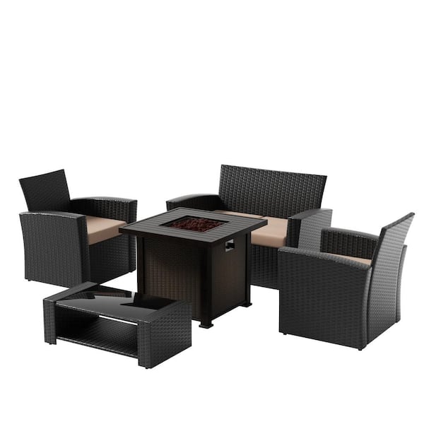 WESTIN OUTDOOR Valencia Black 5-Piece Wicker Patio Fire Pit Conversation Set with Beige Cushions
