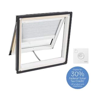 21 in. x 26-7/8 in. Solar Powered Venting Deck Mount Skylight with Laminated Low-E3 Glass, White Room Darkening Shade