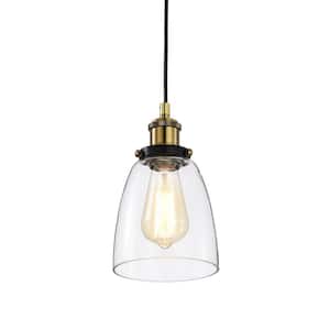 Mateo 1-Light Black and Antique Brass Mini Pendant Light with Clear Bell Glass Shade