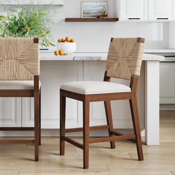 Beacon 24 in. Bohemian Dark Brown Wood Counter Height Bar Stool with Woven Back and Boucle Upholstered Seat