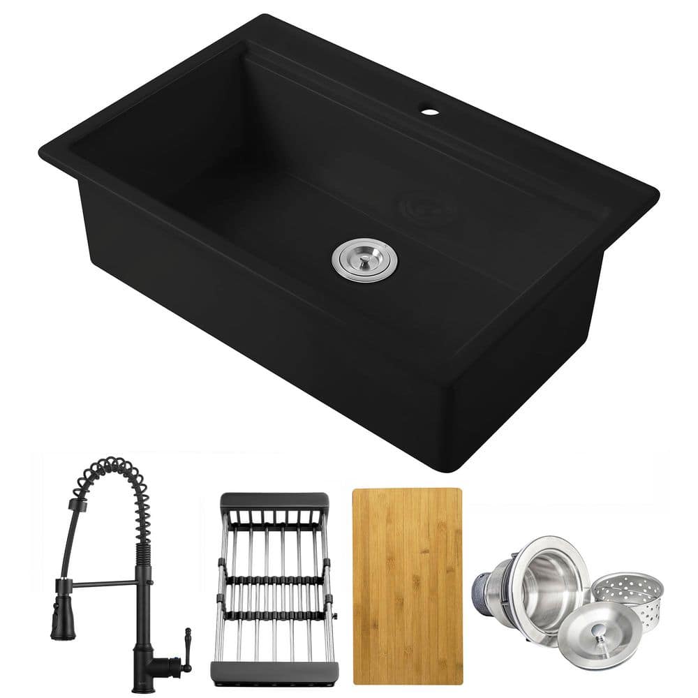 Workstation 36 in. Drop-In Single Bowl Black Fireclay Kitchen Bundle and Faucets with Basket Strainer price history on PriceWatchPro