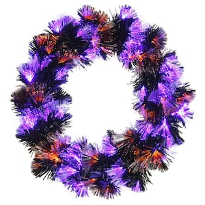 24 in. Black Fiber Optic Wreath with Purple and Orange Lights