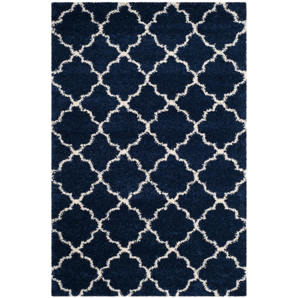 Navy and Ivory Geometric Shag Area Rug 4' x 6'