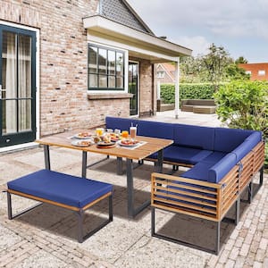 8-Piece Acacia Wood Outdoor Dining Table and Ottoman Sofa Chair Set with Navy Blue Cushions