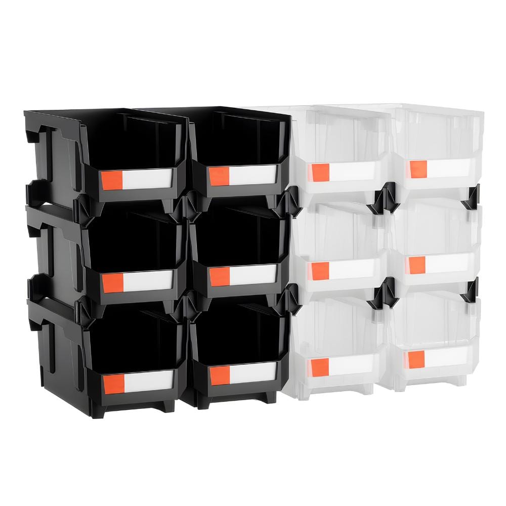 "Plastic Stackable Storage Bins 12 Pack, 14.8x8.5x7.1"" Containers for Garage Office Small Parts Black" price history on PriceWatchPro