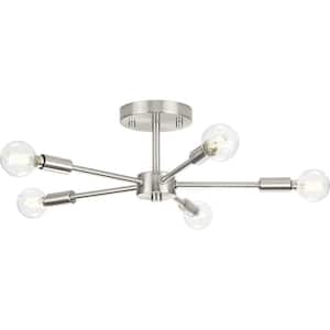 Delayne 16 in. 5-Light Brushed Nickel Semi-Flush Mount Light with Etched Glass Shades for Bedroom or Hallway