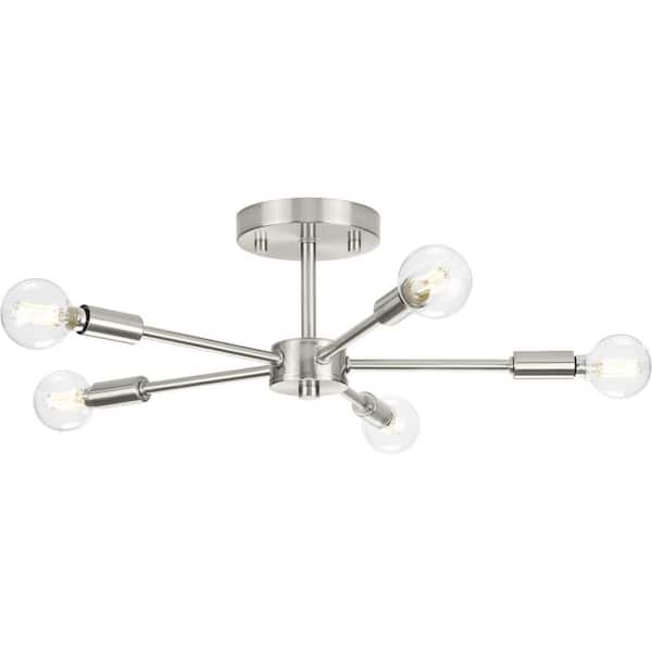 Progress Lighting Delayne 16 in. 5-Light Brushed Nickel Semi-Flush Mount Light with Etched Glass Shades for Bedroom or Hallway