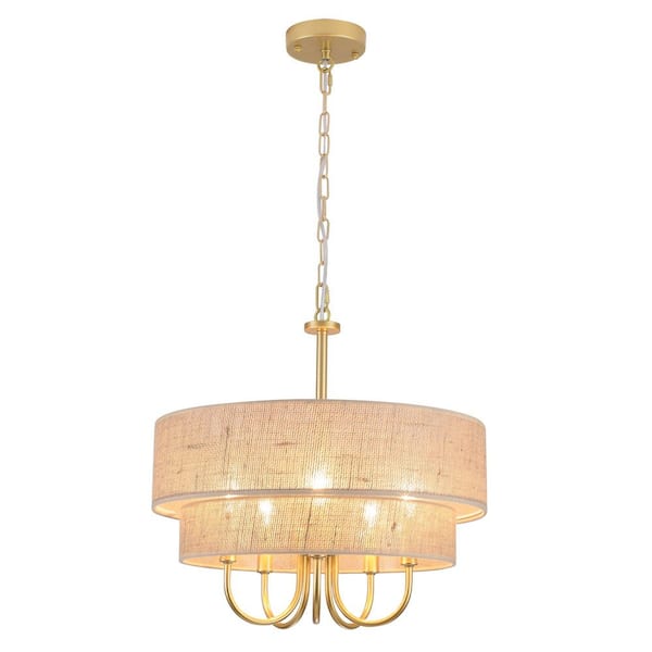 ADSENSTY 5-Light 2-Tier Gold Farmhouse Candle Chandelier with Fabric Shade for Kitchen Island with No Bulbs Included