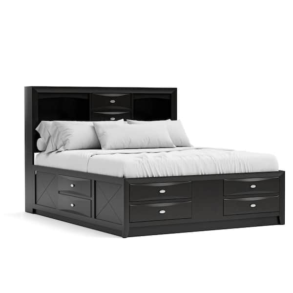 Lanten Black Wood Frame King Platform Bed with Footboard Drawers, Side Rail Drawers and Headboard Bookcase