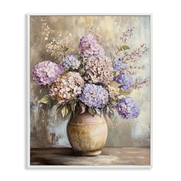 Purple Hydrangea Pottery by Petal Prints Design White Framed Nature Giclee Art Print 30 in. x 24 in.
