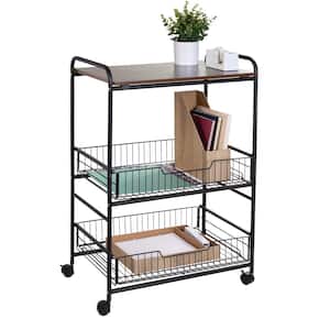 Black/Walnut Kitchen Cart with Wood Shelf and Pull-Out Baskets
