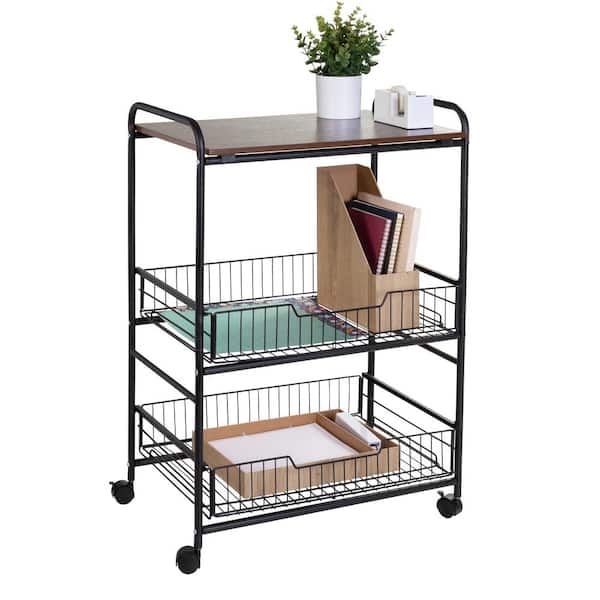 Honey-Can-Do Black/Walnut Kitchen Cart with Wood Shelf and Pull-Out Baskets