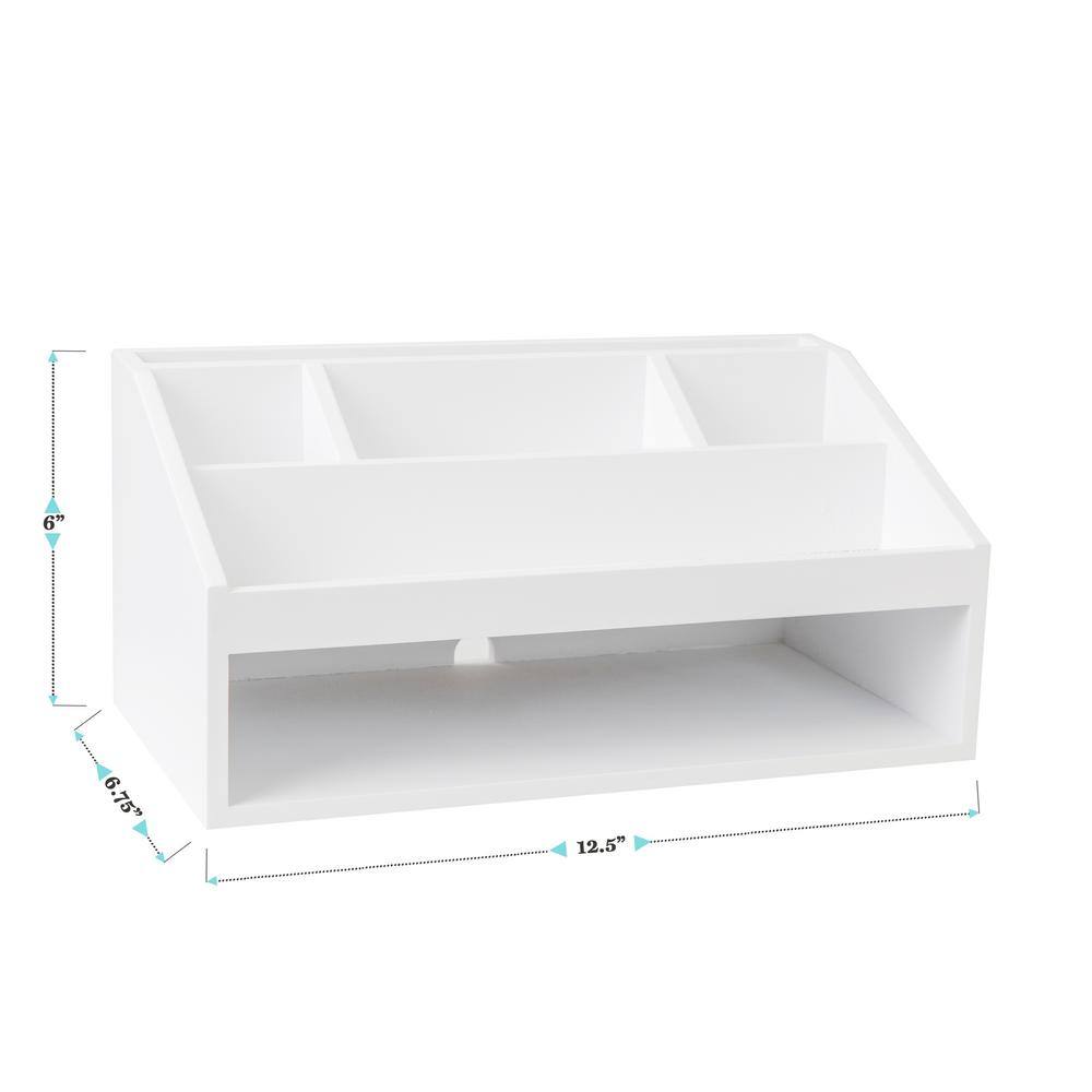 White Wooden Desktop Organizer with Open Storage Compartments