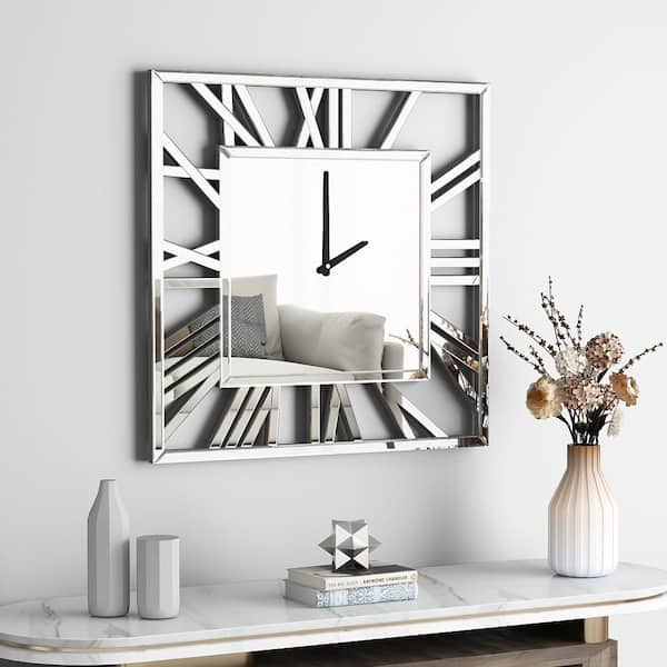 THKSHOUZ Silver 23.6 in. W x 23.6 in. H Square Glass Large Wall Clock