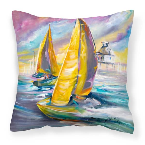 14 in. x 14 in. Multi-Color Lumbar Outdoor Throw Pillow Middle Bay Lighthouse Sailboats Canvas
