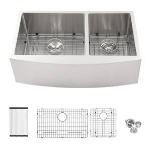 16-Gauge Stainless Steel 36 in. Double Bowl 60/40 Round Corner Farmhouse/Apron Kitchen Sink with Bottom Grid