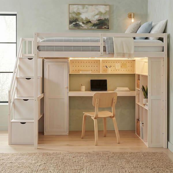 Beige Full Wood Loft Bed with Built-In Wardrobe, Study Desk, Storage Shelves and Lights