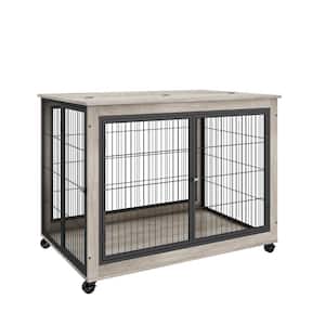 Furniture Style Dog Crate Side Table on Wheels with Double Doors and Lift Top in Grey