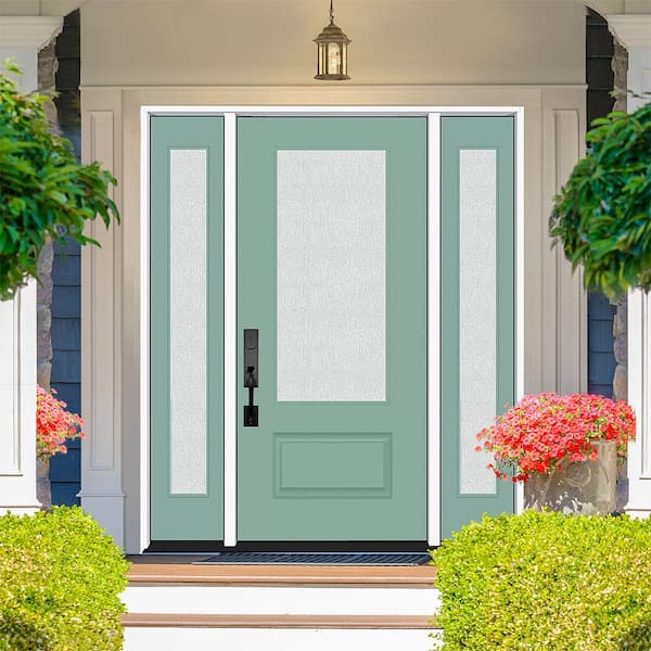 Legacy 64 in. x 80 in. 3/4 Lite Rain Glass RHIS Quarry Finish Fiberglass Prehung Front Door with dB 12 in. SL