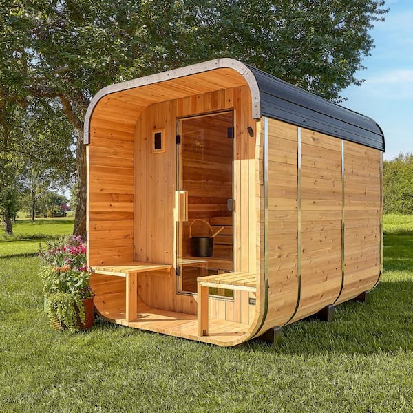 Lennon 6-Person Outdoor Cedar Traditional Wet/Dry Cube Sauna with Porch, 9kW Electric Heater, Wi-Fi Panel, LED Lights